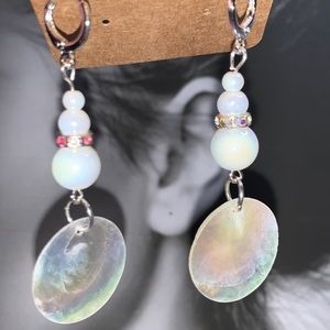 Long White Drop Dangling Chandelier Earrings with Glass beads and Capiz Seashell